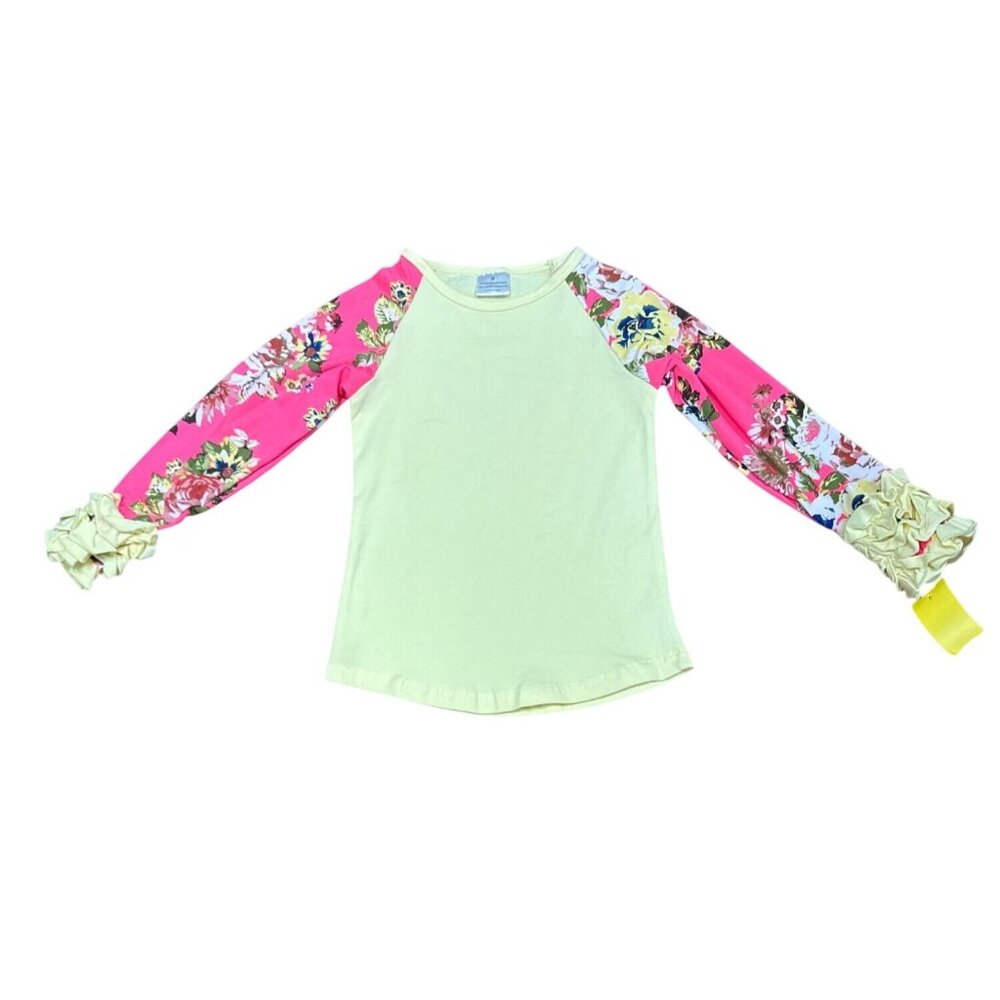 Floral Sleeve Girls Yellow Shirt With Ruffle Cuffs  Medium  97% Cotton / 3% Span